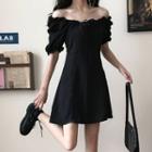 Short-sleeve Plain Mini A-line Dress Black - One Size