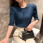 Half-button Elbow-sleeve Knit Top Blue - One Size