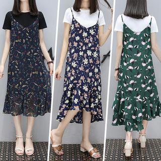 Set: Short-sleeve T-shirt + Spaghetti-strap Printed Chiffon Midi Dress