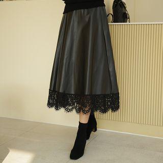 Band-waist Lace-hem Leatherette Skirt