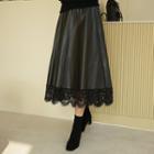 Band-waist Lace-hem Leatherette Skirt