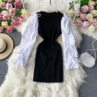 Round-neck Color Block Long-sleeve Dress Black - One Size