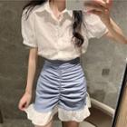Short-sleeve Lace Shirt / Paneled Mini Mermaid Skirt
