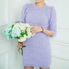 Elbow-sleeve Ribbed Knit Dress