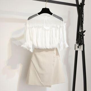 Set: Bell-sleeve Blouse + Mini A-line Skirt