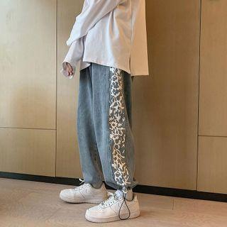 Drawstring-cuff Print Panel Straight-leg Jeans