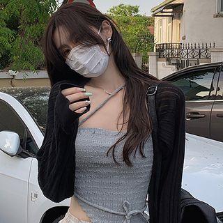 Long-sleeve Plain Knit Cardigan / Plain Ruched Asymmetric Camisole Top