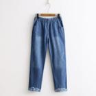 Floral Print Panel Washed Jeans