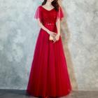 Short-sleeve Embellished A-line Evening Gown