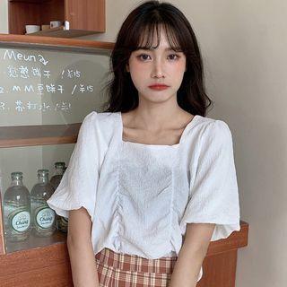 Ruched Square-neck Elbow-sleeve Blouse