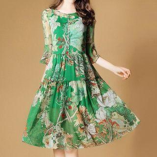 Printed Elbow Sleeve Midi Chiffon Dress
