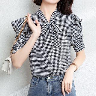 Ruffle Trim Bow-neck Houndstooth Blouse