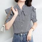 Ruffle Trim Bow-neck Houndstooth Blouse