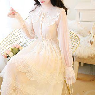 Long-sleeve Mesh-panel Layer Dress