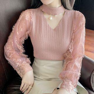 Choker Lace Panel Knit Top