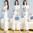 Set: Short-sleeve Print Panel Blouse + Wide Leg Pants
