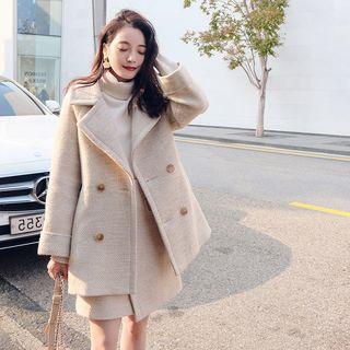 Set: Double-breasted Coat + High-waist A-line Skirt