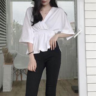 Plain V-neck Bow-accent Short-sleeve Top