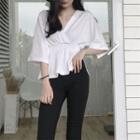 Plain V-neck Bow-accent Short-sleeve Top