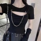 Cutout Cropped T-shirt / Arm Sleeves / Mini A-line Skirt / Chained Belt / Set