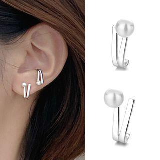 Faux Pearl Cuff Earring With Earring Back - 1 Pair - Silver - One Size