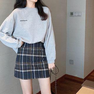 Set Of 2: Long-sleeve Top + Plaid Skirt
