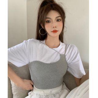 Short-sleeve Mock Two-piece Slim-fit T-shirt Gray - One Size