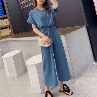 Set: Short-sleeve Polo Shirt + Wide Leg Pants
