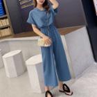 Set: Short-sleeve Polo Shirt + Wide Leg Pants