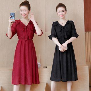 Elbow-sleeve Glitter Chiffon A-line Dress