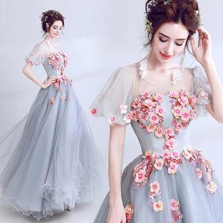 Short-sleeve Applique Tulle-overlay Evening Gown