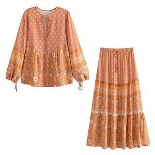 Balloon-sleeve Print Blouse / Maxi A-line Skirt / Set