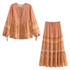 Balloon-sleeve Print Blouse / Maxi A-line Skirt / Set