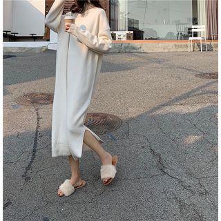 Turtleneck Long-sleeve Side-slit Midi Sweater Dress