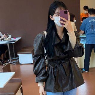 Faux Leather Single Breasted Jacket With Belt Black - One Size