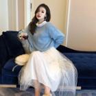 Plain Sweater / Sheer Lace Blouse / Mesh Skirt