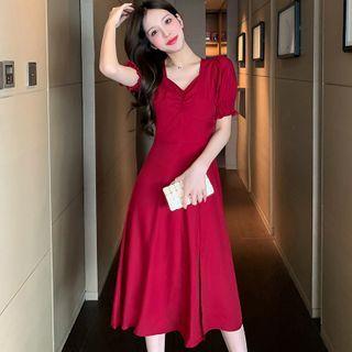 Short-sleeve V-neck Shirred Plain A-line Dress