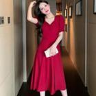 Short-sleeve V-neck Shirred Plain A-line Dress