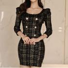 Long-sleeve Double Breasted Tweed Mini Dress