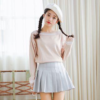 Set: Long-sleeve Knit Top + Pleated Mini Skirt