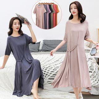 Front-tie Elbow-sleeve Midi Sleep Dress
