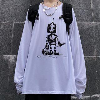 Robot Print Long-sleeve T-shirt White - One Size