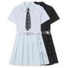 Short-sleeve Plain Tie-strap Accordion Pleat Dress With Necktie & Belt