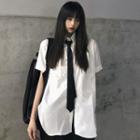 Elbow-sleeve Tie-neck Shirt With Tie - White - One Size