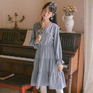 Layered V-neck Long-sleeve Dress