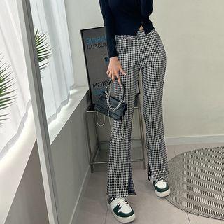 Deep-slit Houndstooth Boot-cut Pants