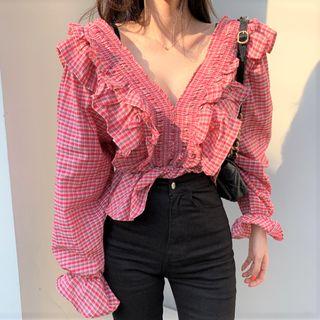 Plaid Ruffled Bell-sleeve Blouse Plaid - Red - One Size