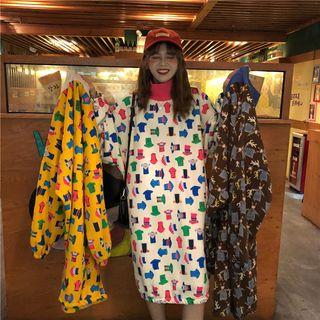 Stand Collar Print Midi Pullover Dress