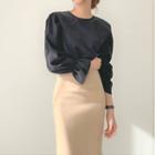 Long-sleeve Plain Blouse / Midi Fitted Skirt