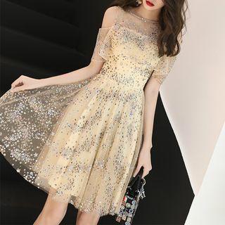 Short-sleeve Cold-shoulder Sequined Cocktail Dress